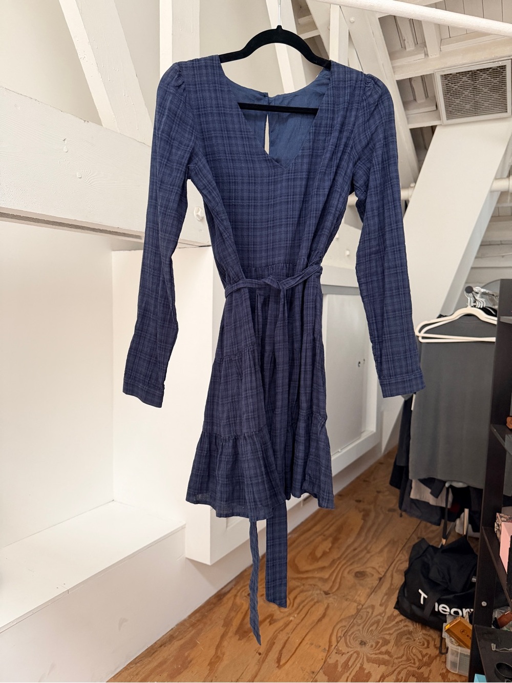 Lulu's Navy Plaid Long-Sleeve Tie-Waist Dress